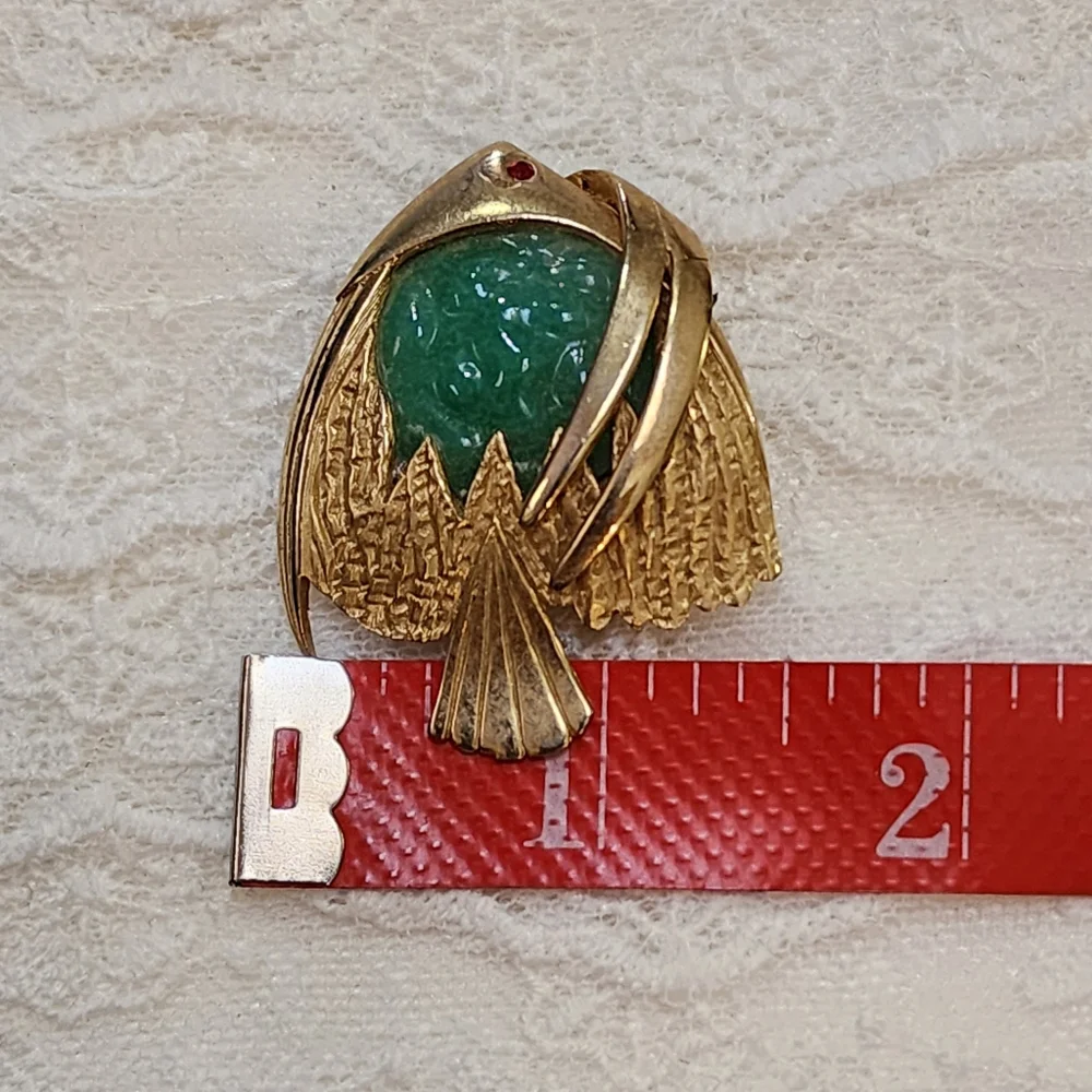 Angel Fish Brooch Encased Large Green  Glass Cabochon Gold Toned Brooch